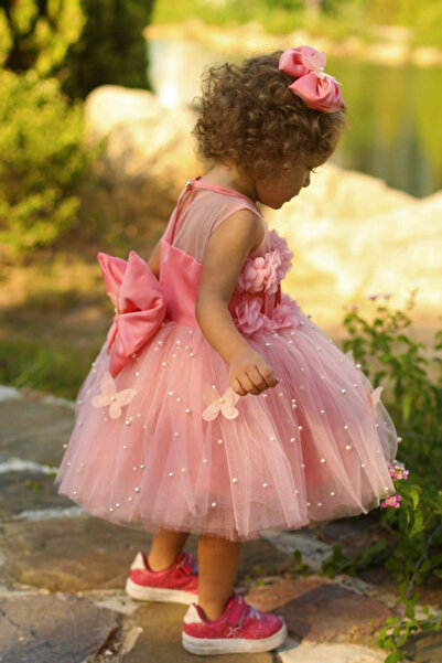 sara tasarım Butterfly Detailed Powder Pink Girl's Party Dress - Birthday Pin...