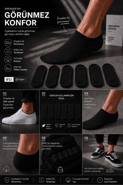 ask Men's 6-Pack Black Invisible Sneaker Socks