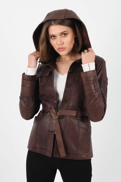 ALİN Sansa Women's Genuine Leather Hooded Belted Leather Jacket Brown