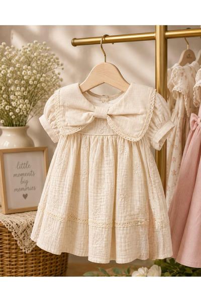 Miray baby kids Kız Bebek Müslin Kumaş Fiyonk Yaka Nakışlı Elbise – Ekru