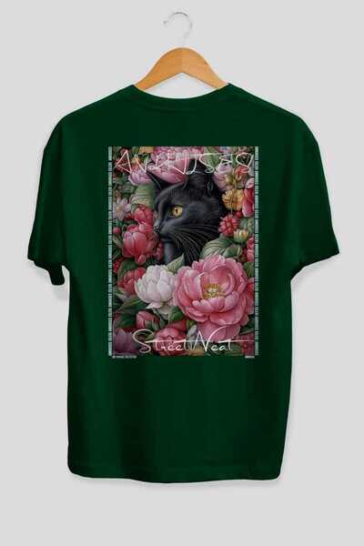 Ankhises 88 Cats for Cat Lovers Printed Green Oversize T-Shirt 100% Cotton Un...