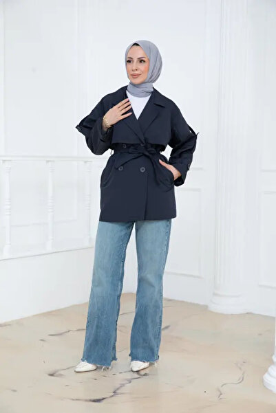 PAVENTİ Short Buttoned Belted Trench Coat Navy Blue