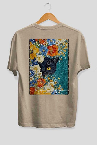 Ankhises For the Love of Cats 103 Cat Printed Beige Oversize T-Shirt 100% Cot...