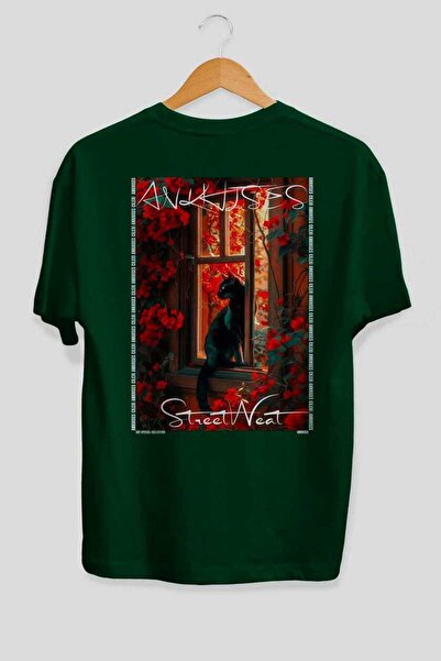 Ankhises For the Love of Cats 85 Cat Printed Green Oversize T-Shirt 100% Cott...