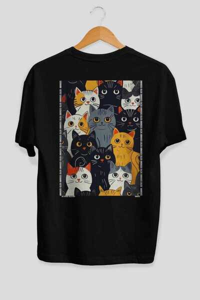 Ankhises 27 Cats for Cat Lovers Printed Black Oversize T-Shirt 100% Cotton Un...