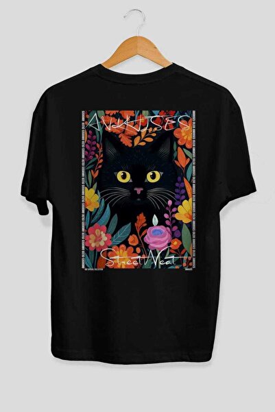 Ankhises For the Love of Cats 52 Cats Printed Black Oversize T-Shirt 100% Cot...