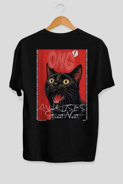 Ankhises For the Love of Cats 116 Cat Printed Black Oversize T-Shirt 100% Cot...