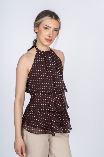 LOKADI Women's Polka Dot Halter Neck Flounce Chiffon Blouse