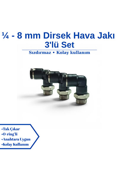 Firetech 1/4 - 8mm Dirsek Hava Jakı - Pnomatik Jak - Hortum Jakı - 3'lü Set
