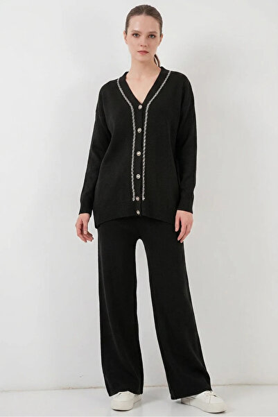 Şeker Portakalım Women's V-Neck Buttoned Knitwear Black Set