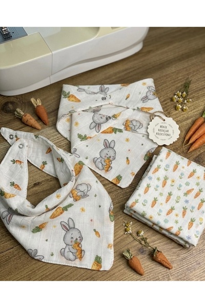 TAVŞAN DESENLİ %100 MÜSLİN PAMUK BEBEK YAKALIK/MAMA ÖNLÜĞÜ/SALYA ÖNLÜĞÜ 2 ADET
