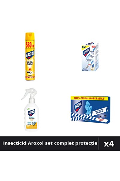 Aroxol Set 4 Insecticid - Spray 580ml, Aparat Electric, Loțiune 200ml, Spiral...