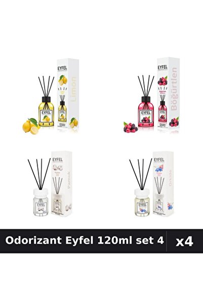 Eyfel Set 4 Odorizant Camera Betișoare 120ml - Lămâie, Fructe Pădure, Bumbac,...