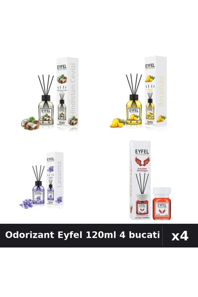Eyfel Set 4 Odorizant Camera Betisoare 120ml - Cocos, Ananas, Lavanda, Red Dr...
