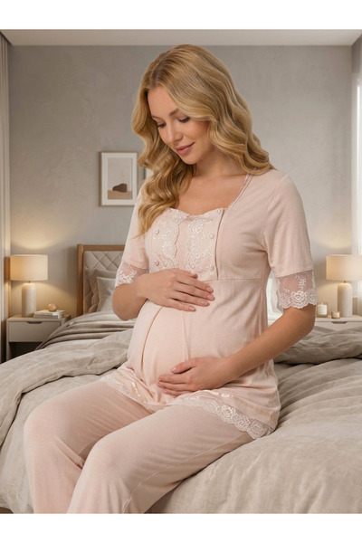 Lohussa New Season Women's Beige Lace Detailed Breastfeeding-Friendly Buttone...