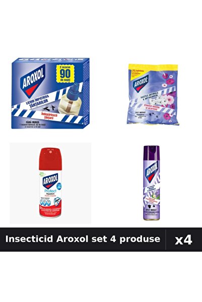Aroxol Set 4 Insecticid - Aparat 45 nopti, Spirale 20 buc, Spray 100ml, 250ml