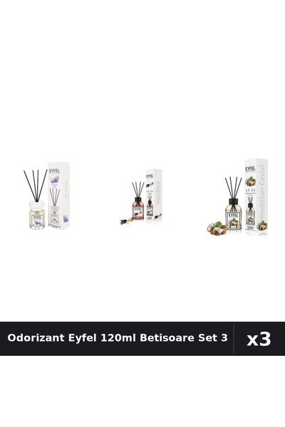 Eyfel Set 3 Odorizant Camera cu Betisoare 120ml - Orhidee, Vanilie, Nucă de C...