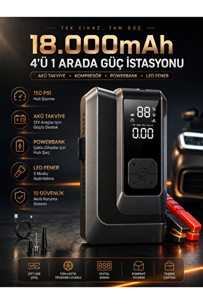 Merwish Akü Takviye ve Hava Kompresörü 18000mAh 150 PSI Powerbank LED Fener D...