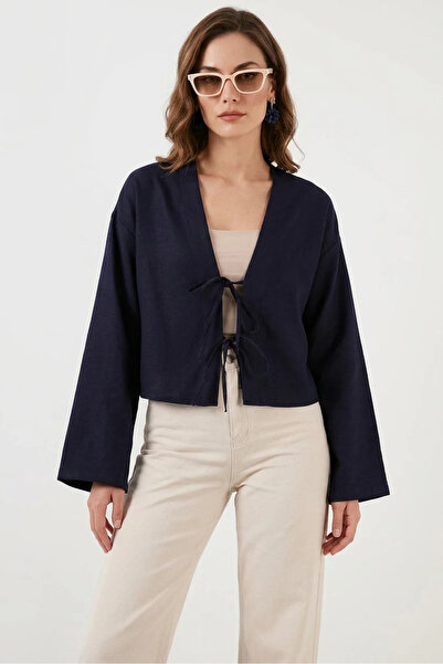 buğrahayalin Women's v-neck tie-front linen navy kimono