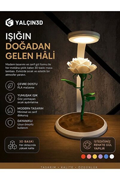 Yalçın3D LED Güllü Dekoratif Masa Lambası - Kişiye Özel Renk Seçeneği 3D Baskı