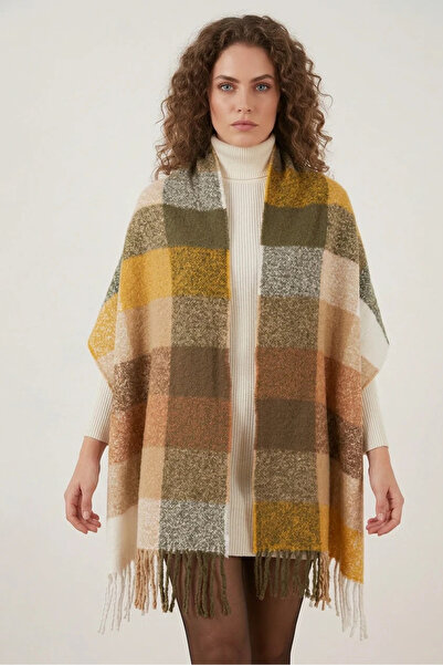 buğrahayalin Women's Tasseled Square Patterned Knitwear Mustard Shawl