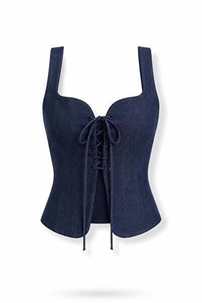 5in1Canpolat Μπλούζα indigo με λαιμόκοψη καρδιά και δέσιμο μπροστά 3220