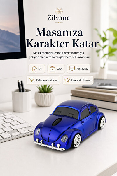 Zilvana Klasik Mavi Beetle Vosvos Tasarımlı 2.4G Kablosuz Mouse USB Alıcılı K...