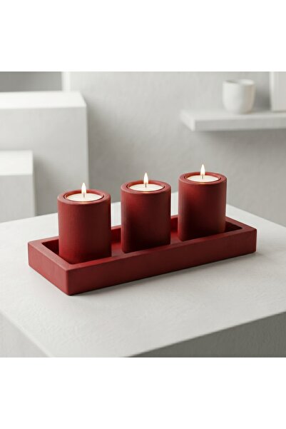 CANSEB Elegance Scarlett Kırmızı Dekoratif 4lü Beton Tabaklı Mumluk Seti (Tea...