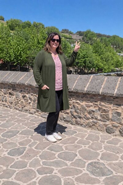 NUR TEKSTİL kadın anne haki viskon pamuklu penye büyük beden taş işlemeli cep...