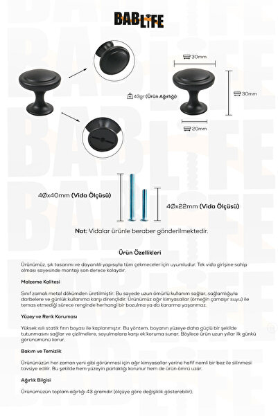 bablife Verona Düğme Mat Siyah 25mm Çapında Metal Lüks Çekmece Dolap Mobilya Kulpları