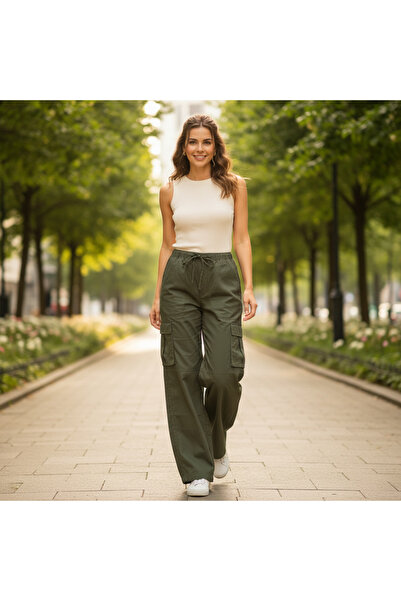 Genaric Women's Olive Green Wide-Leg Cargo Pants with Drawstring
