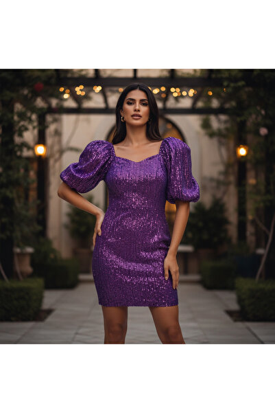 Genaric FAERIESTY Purple Iridescent Sequin Puff Sleeve Dress