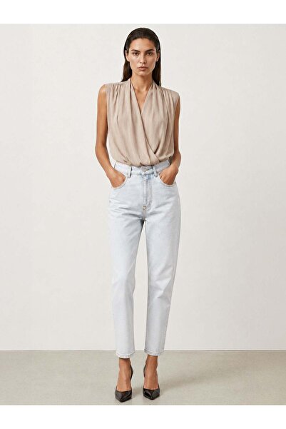 RİVUS Lyocell Fabric Modular Shawl Detailed Sleeveless Blouse - Beige
