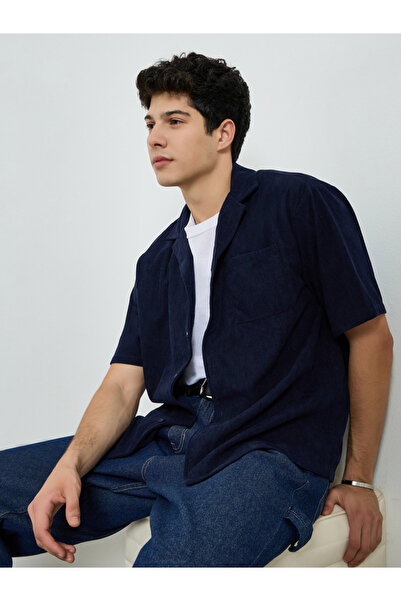 Take Two By Styli Men Dark Blue Corduroy Shirt