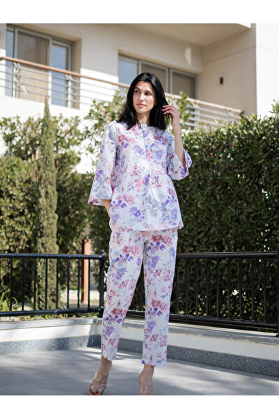 Sanskrutihomes By Styli White Floral Round Neck Cotton Top and Pants Set