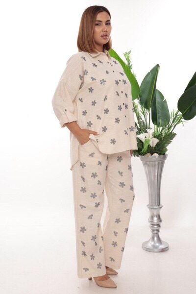JERFİ Women's Plus Size Stone Printed Two-Piece Linen Set
