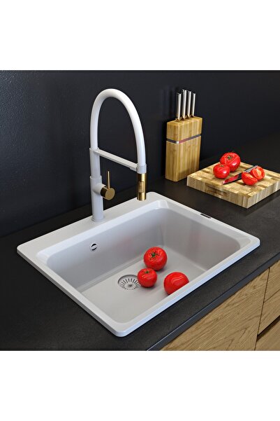Granitan Chiuveta Granit Zante Alb, 619x522mm, set cu baterie Soria si sifon