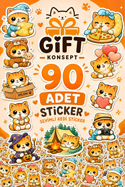 giftkonsept 90 Pieces Cute Cat Sticker Set – Cat Stickers - Orange Cat Sticke...