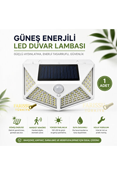 farissu 100 LED Solar Hareket Sensörlü Dış Mekan Bahçe Lambası 1 Adet