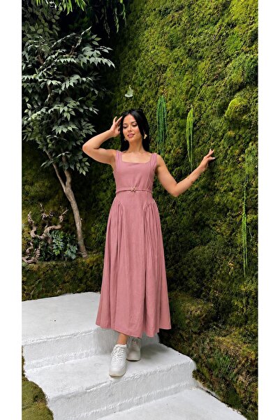 Moda Banuş Strawberry Fabric Belt Detailed Midi Length Dusty Rose Dress