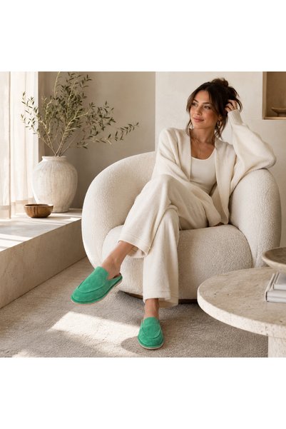a ayak&kabım official Mule Genuine Leather Green Suede Women's Slippers Comfortable Fit Daily Lightweight Women's Shoes