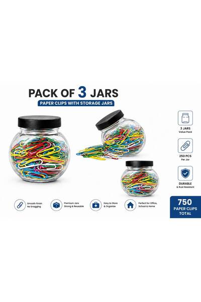 Fikriyah Colored Paper Clips with Storage Jars, Pack of 3 Jars, 250 Clips per...