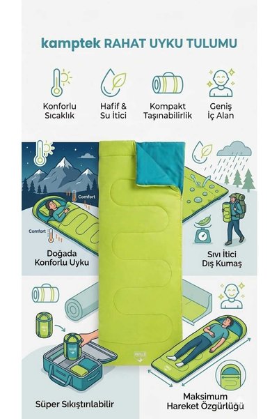 kamptek kamp teknolojisi Kamptek Pavillo Waterproof Camping Sleeping Bag - Lightweight, Compact, and Spacious Camping Bag Without Zipper Evade 15 170t Polyester Bag 180*75 cm