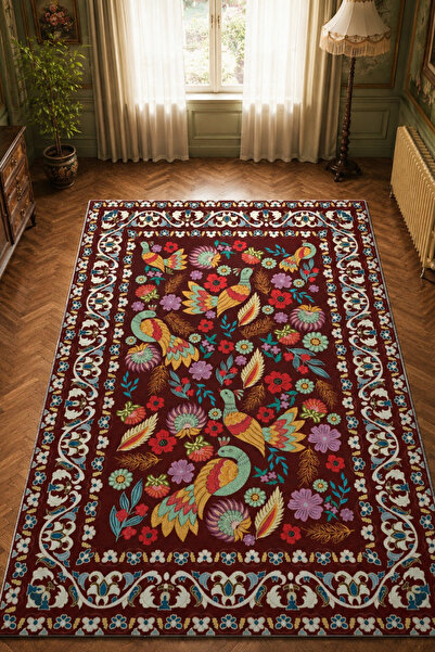 DERAS HOME Dijital Baskı Yıkanabilir Kaymaz Taban Salon Halısı Yolluk