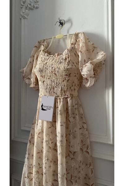 DESİGN Elegant Dress with a Romantic Soft Beige Design, Featuring High-End Fl...