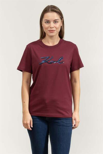 Karl Lagerfeld Signature Sequins Kadın Bisiklet Yaka T-Shirt Bordo