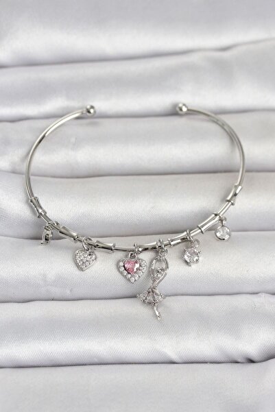 norsary Brass Silver Color Ballerina Detail Charm Women's Bracelet