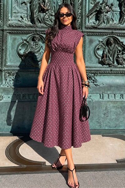 Madmext Burgundy Polka Dot Waist-Slit Midi Dress Mg2873