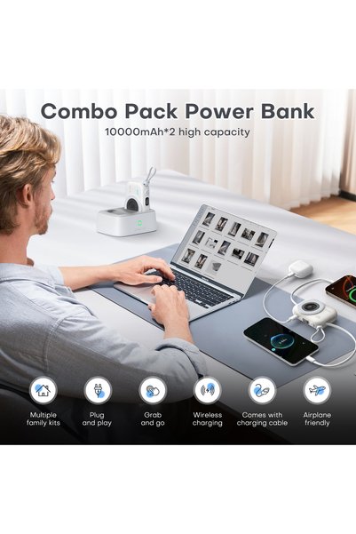 Domars Family Power Bank Station 22.5W Fast Charging, Multi-Device 10000mAh Portable Chargers,Built-in C/Lightning Cables, LED Display for Home Office Cafe Outdoor