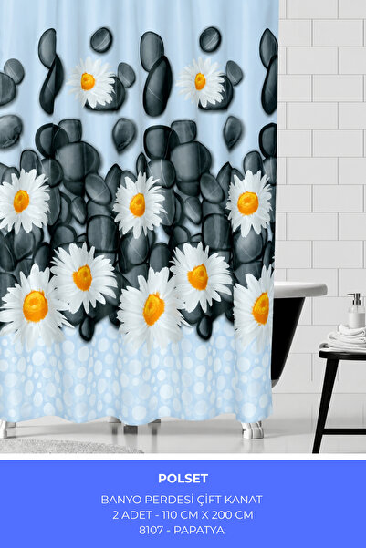polset Desenli Şık Banyo Duş Küvet Perdesi Çift Kanat 2’li Set 100x200 cm Hal...